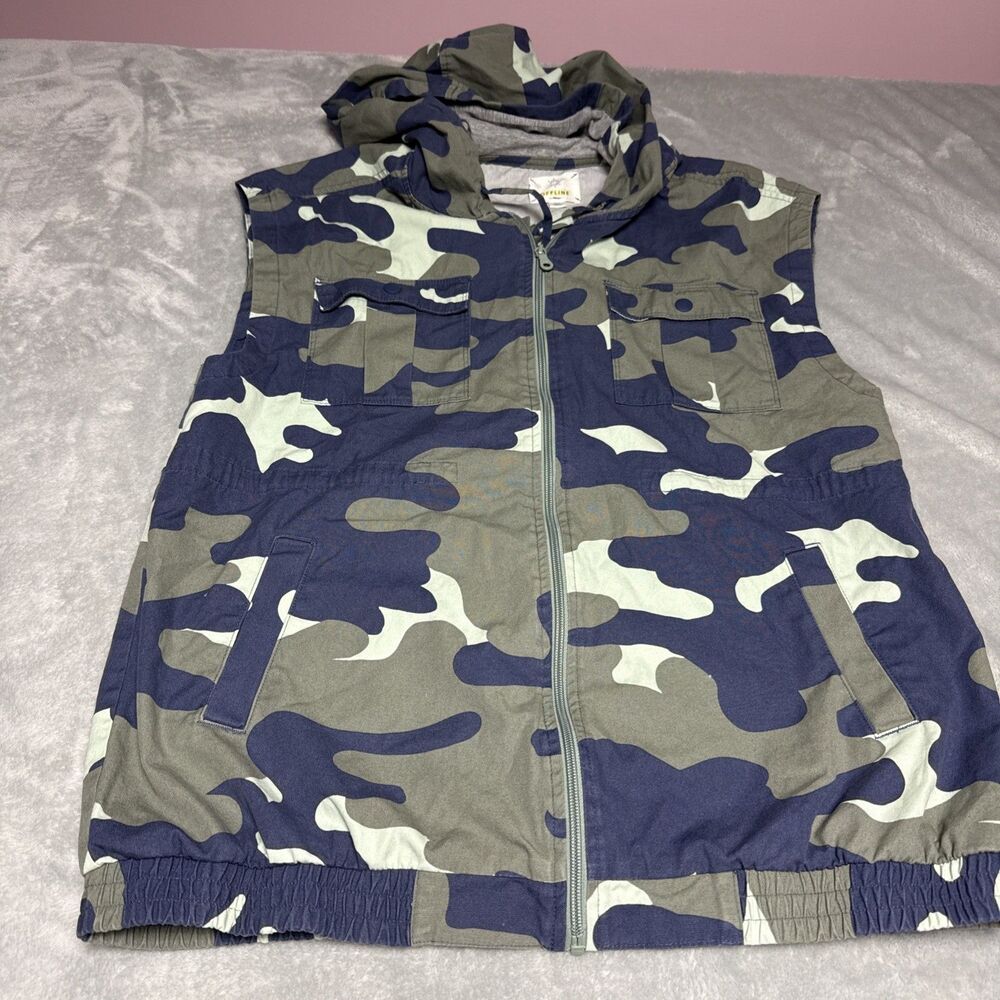 Offline Aerie Blue Camouflage Cargo Full Zip Sleeveless Hooded Vest Size Medium